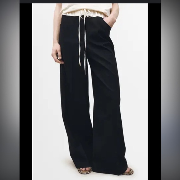 Nwt MANGO Drawstring Wide Leg Pants black cream satin trousers $120 fall casual